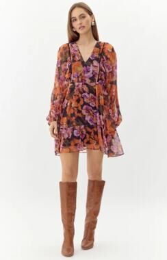 Adelyn Rae Catalina Floral Chiffon Long Sleeve Ruffle Mini Dress Boho Indie Chic
